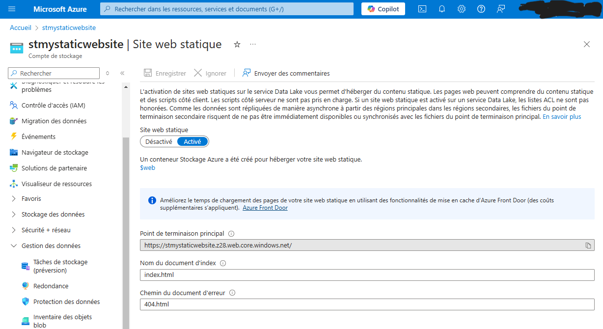 Paramétrage Azure storage
