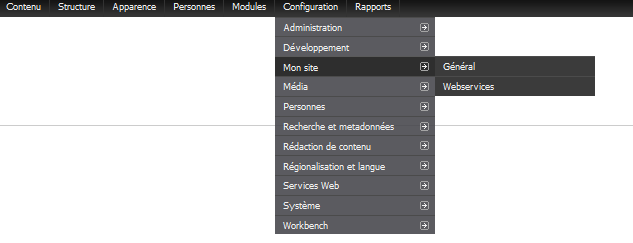 Menu - page de configuration en BO