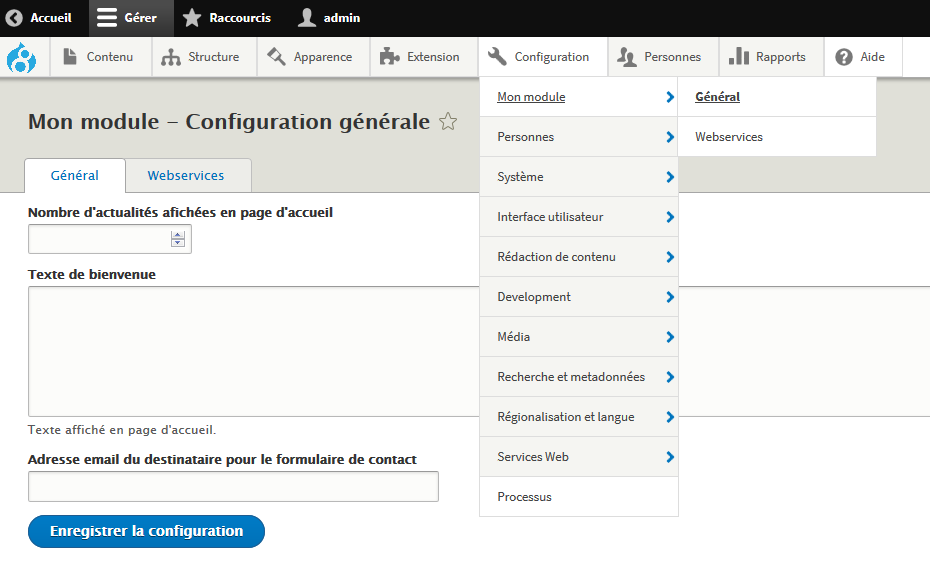 Page d'administration en back-office